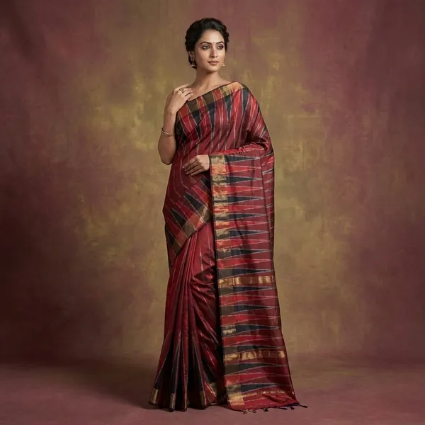 Bishnupuri_Double_Ikkat_Pure_Silk_Saree_In_Red_Black_And_Off_White
