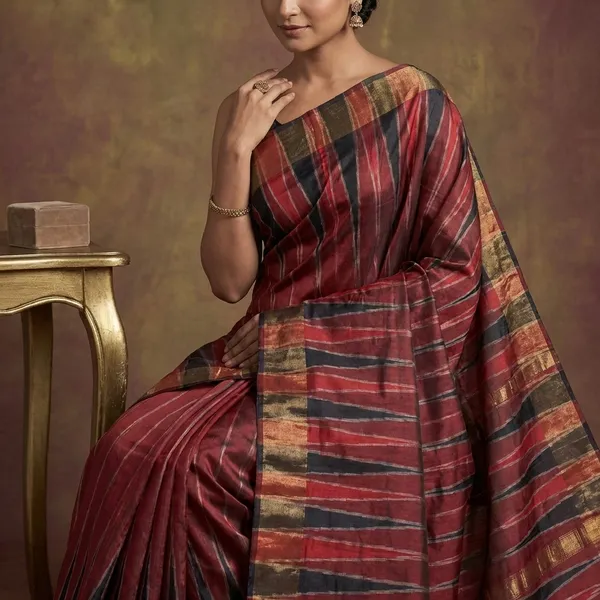 Bishnupuri_Double_Ikkat_Pure_Silk_Saree_In_Red_Black_And_Off_White
