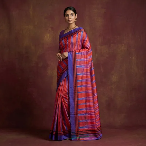 Bishnupuri_Double_Ikkat_Pure_Silk_Saree_In_Lotus_Blue_Bright_Orange_And_Off_White