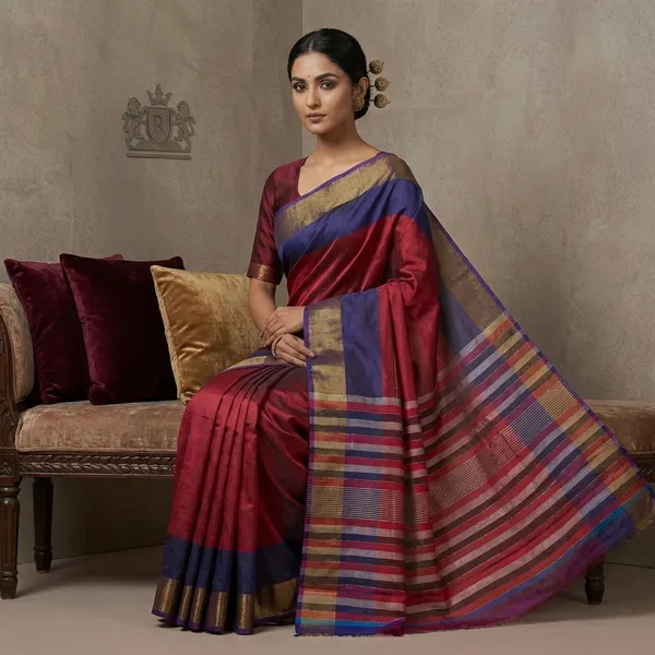 Hand_Woven_Bishnupuri_Checks_Katan_Silk_Saree_In_Midnight_Blue_Maroon_Off_White_And_Red