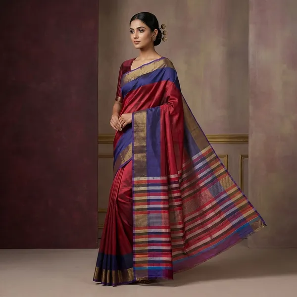 Hand_Woven_Bishnupuri_Checks_Katan_Silk_Saree_In_Midnight_Blue_Maroon_Off_White_And_Red