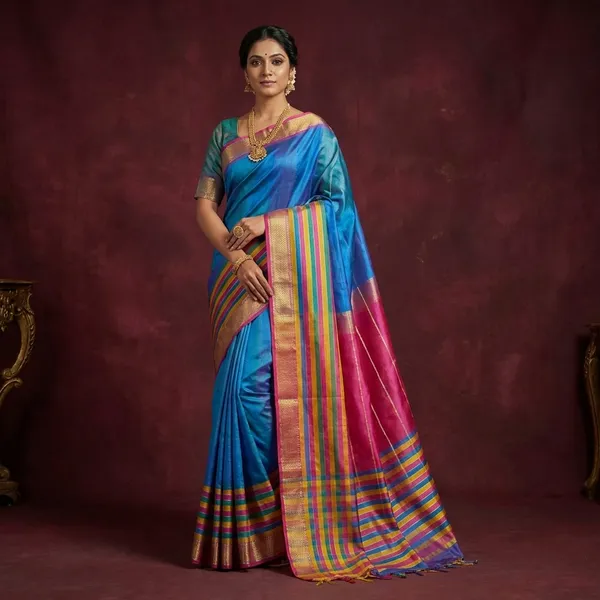 Hand_Woven_Bishnupuri_Checks_Katan_Silk_Saree_In_Cerulean_Blue_Mustard_Golden_Hot_Pink_Off_White_And_Green