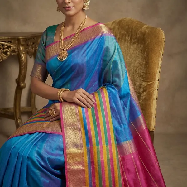 Hand_Woven_Bishnupuri_Checks_Katan_Silk_Saree_In_Cerulean_Blue_Mustard_Golden_Hot_Pink_Off_White_And_Green