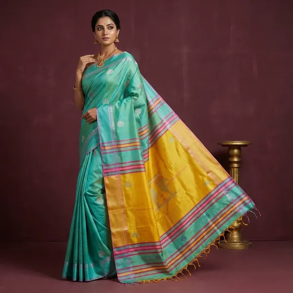 Hand_Woven_Bishnupuri_Kalakshetra_Katan_Silk_Saree_In_Medium_Turquoise_Bee_Yellow_Off_White_And_Purple