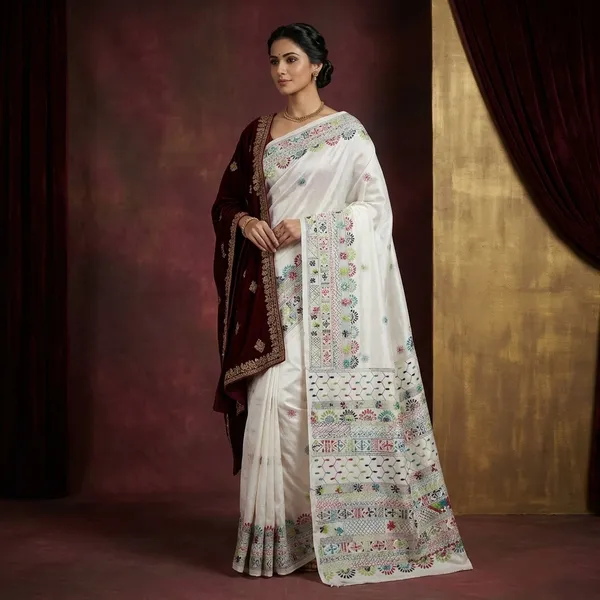 Hand_Embroidery_Lambani_Stitch_Work_Blended_Silk_Saree_In_Off_White_Rama_Green_And_Multicolor