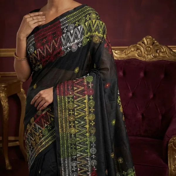 Hand_Embroidery_Lambani_Stitch_Work_Blended_Silk_Saree_In_Black_Red_And_Multicolor