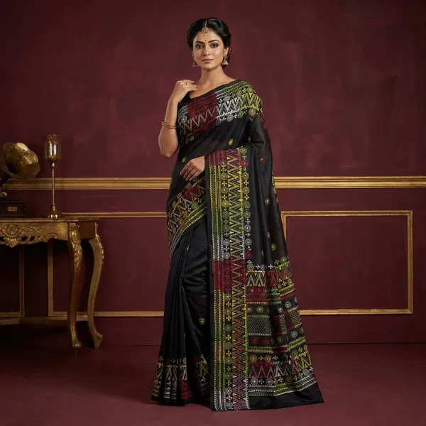 Hand_Embroidery_Lambani_Stitch_Work_Blended_Silk_Saree_In_Black_Red_And_Multicolor