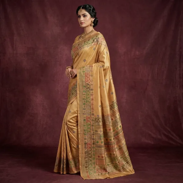 Hand_Embroidery_Lambani_Stitch_Work_Blended_Silk_Saree_In_Parmesan_Green_And_Multicolor