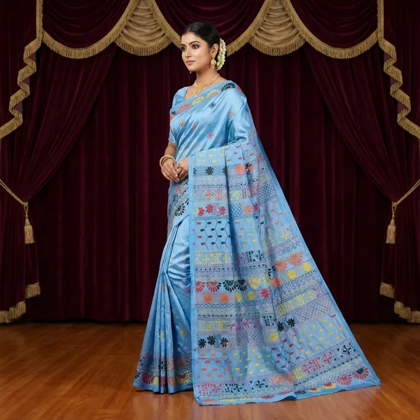 Hand_Embroidery_Lambani_Stitch_Work_Blended_Silk_Saree_In_Glacier_Blue_Orange_And_Multicolor