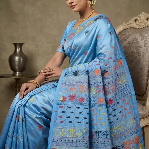 Hand_Embroidery_Lambani_Stitch_Work_Blended_Silk_Saree_In_Glacier_Blue_Orange_And_Multicolor
