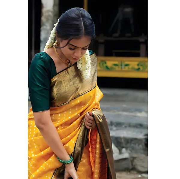 Yellow_And_Brown_Banarasi_Polka_Woven_Design_Saree_For_Women