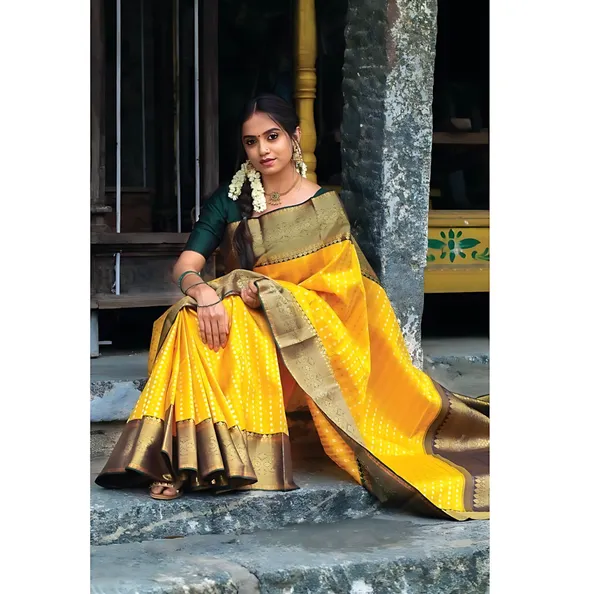 Yellow_And_Brown_Banarasi_Polka_Woven_Design_Saree_For_Women