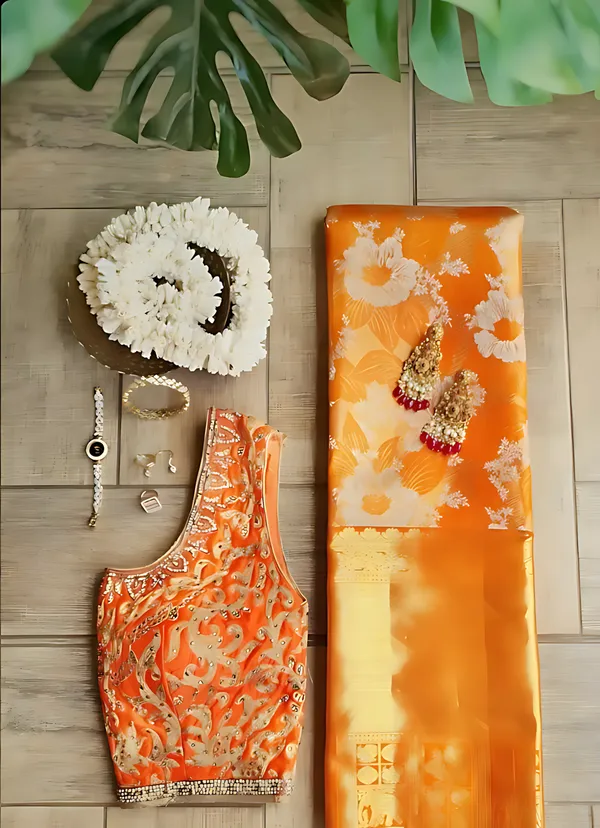 Orange_And_Gold_Banarasi_Floral_Embellished_Saree_For_Women