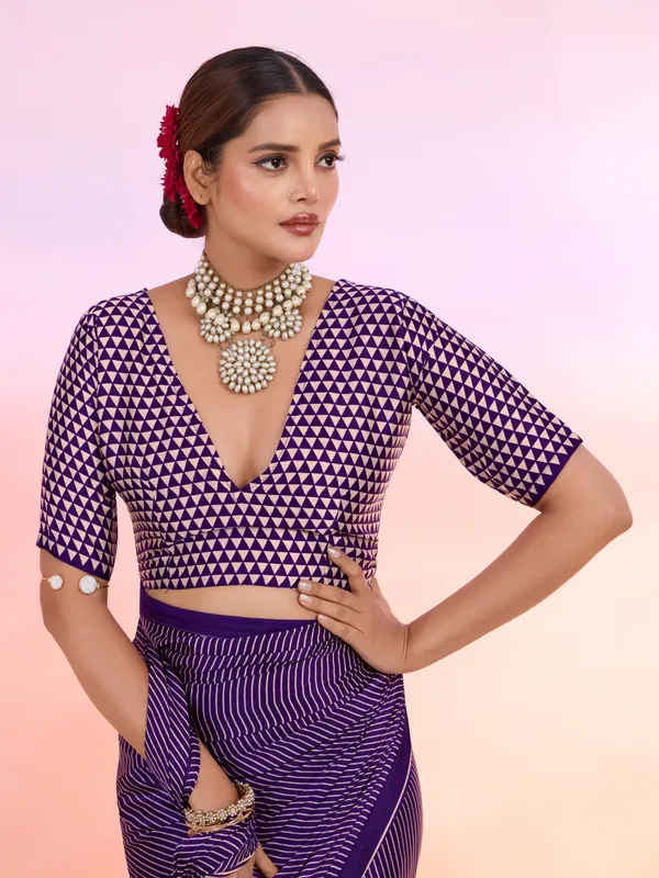 Purple_And_Cream_Art_Silk_Striped_Geometric_Print_Temple_Border_Polka_Print_Saree_For_Women