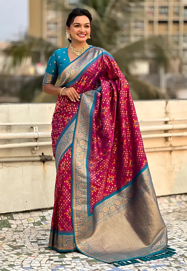 Pink_And_Blue_Banarasi_Woven_Design_Geometric_Floral_Saree_For_Women