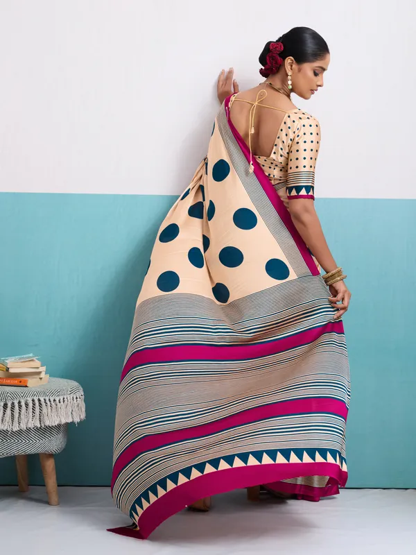 Light_Blue_And_Beige_Art_Silk_Polka_Print_Geometric_Print_Striped_Saree_For_Women