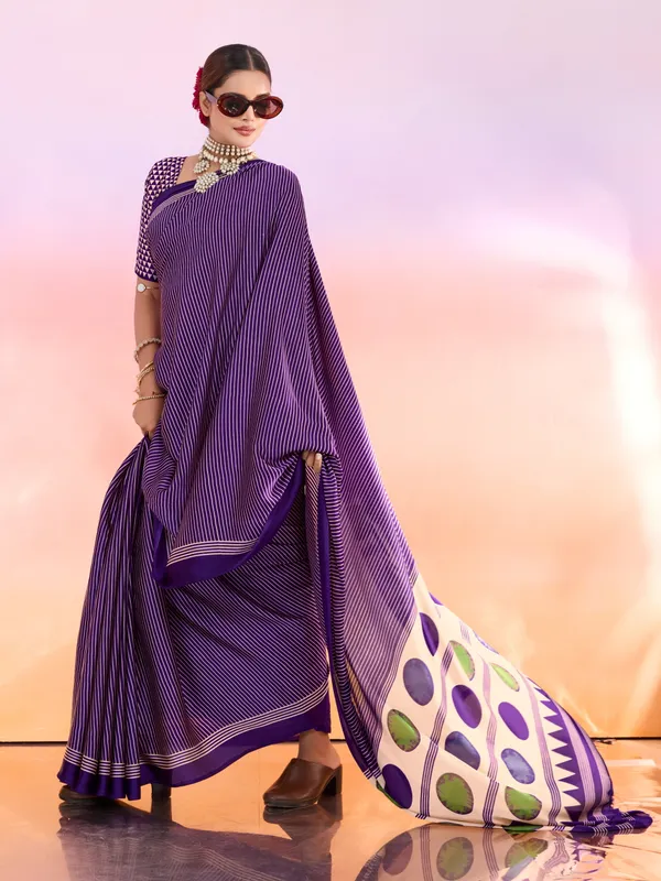 Purple_And_Cream_Art_Silk_Striped_Geometric_Print_Temple_Border_Polka_Print_Saree_For_Women