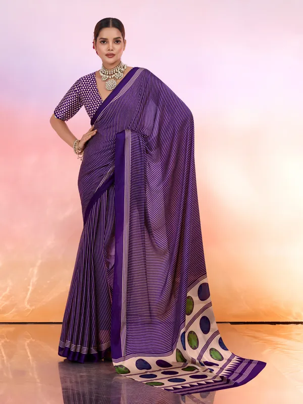 Purple_And_Cream_Art_Silk_Striped_Geometric_Print_Temple_Border_Polka_Print_Saree_For_Women