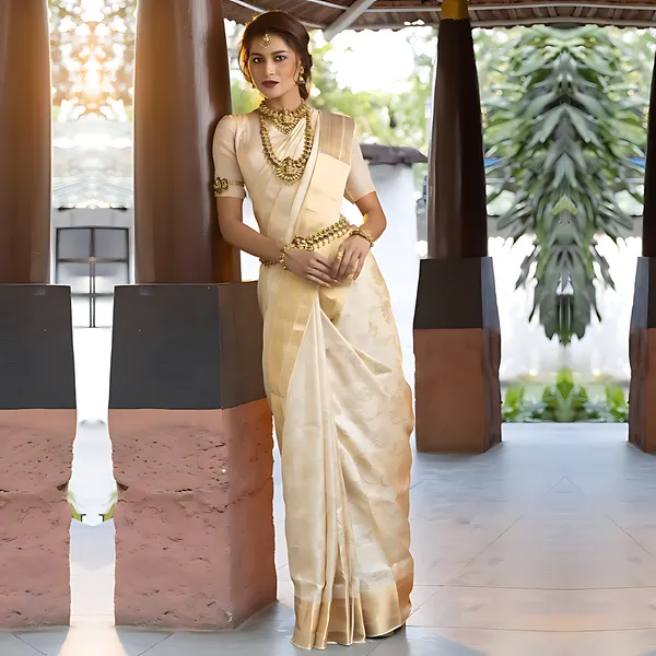 Cream_And_Gold_Banarasi_Floral_Woven_Saree_For_Women