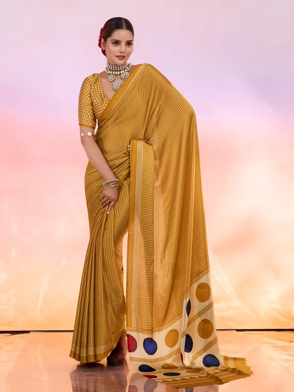 Yellow_And_Cream_Art_Silk_Striped_Geometric_Print_Temple_Border_Polka_Print_Saree_For_Women