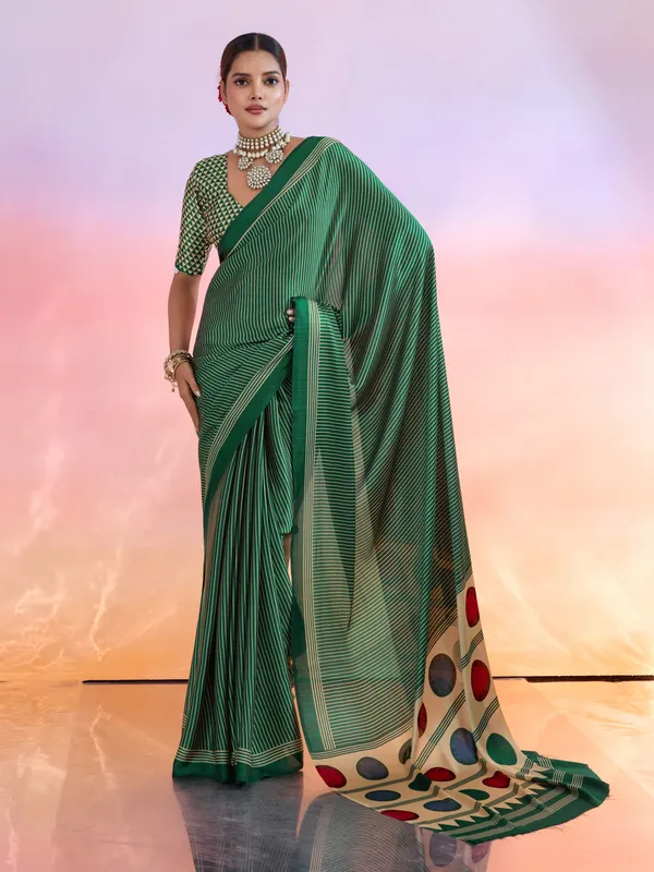 Green_And_Cream_Art_Silk_Striped_Geometric_Print_Temple_Border_Polka_Print_Saree_For_Women