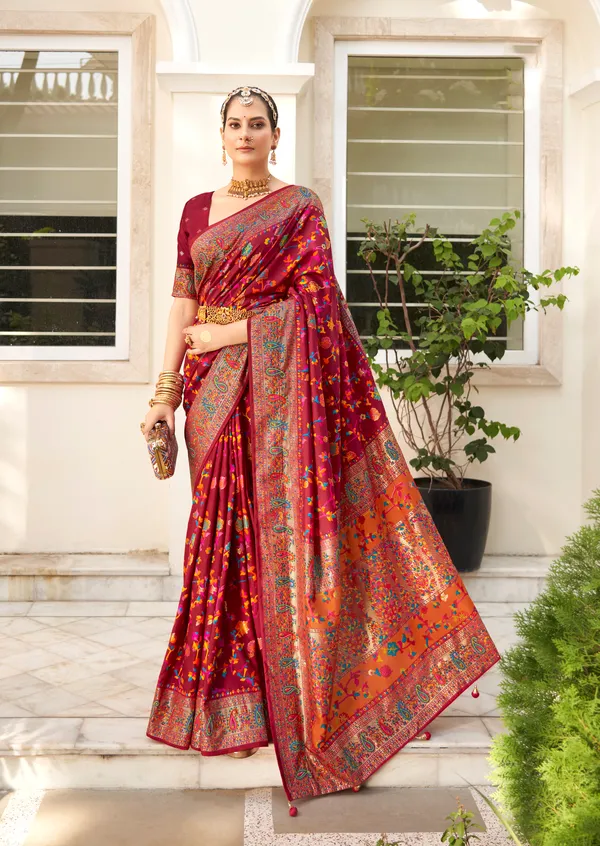 Maroon_And_Orange_Tussar_Silk_Floral_Print_Printed_Self_Design_Saree_For_Women