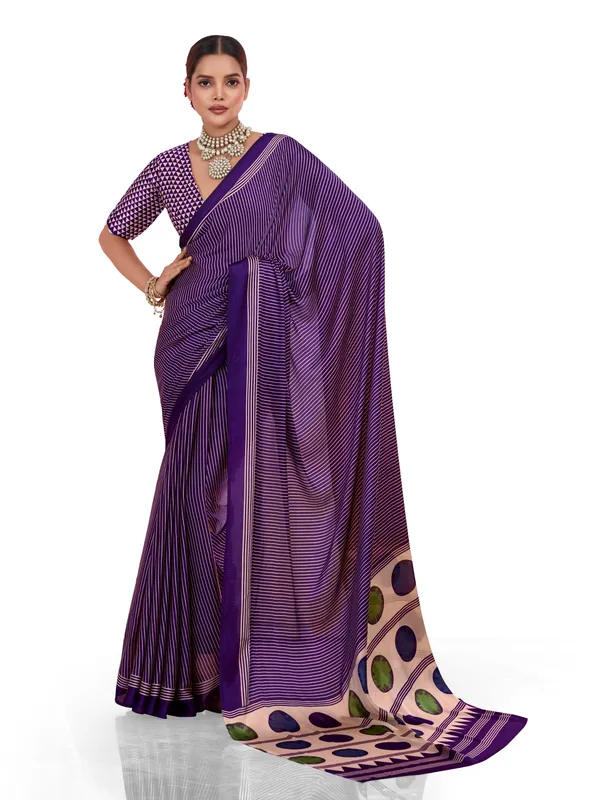 Purple_And_Cream_Art_Silk_Striped_Geometric_Print_Temple_Border_Polka_Print_Saree_For_Women