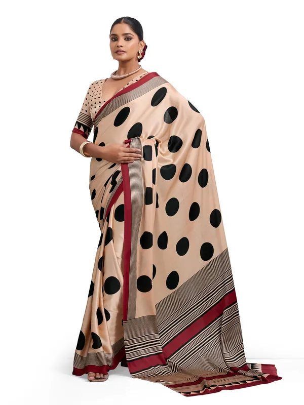 Black_And_Beige_Art_Silk_Polka_Print_Geometric_Print_Striped_Saree_For_Women