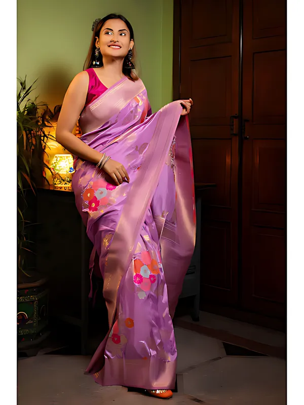 Purple_And_Gold_Banarasi_Floral_Saree_For_Women
