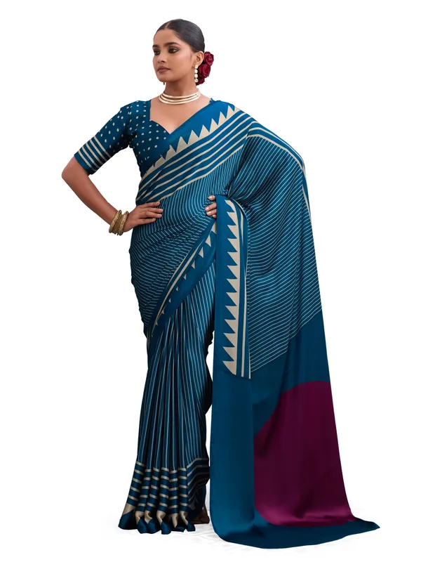 Blue_And_Cream_Art_Silk_Striped_Geometric_Print_Temple_Border_Polka_Print_Saree_For_Women