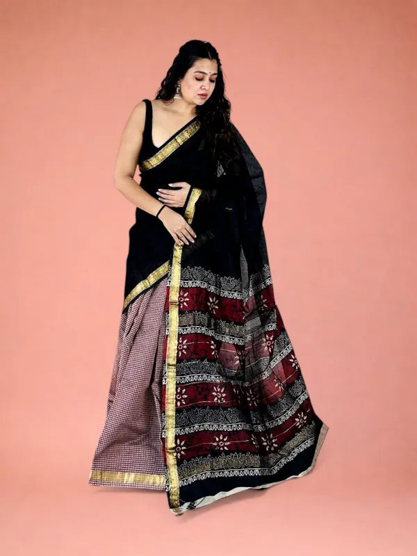 Artisan_Karigari_Black_Hand_Block_Printed_Maheshwari_Silk_Saree_1065