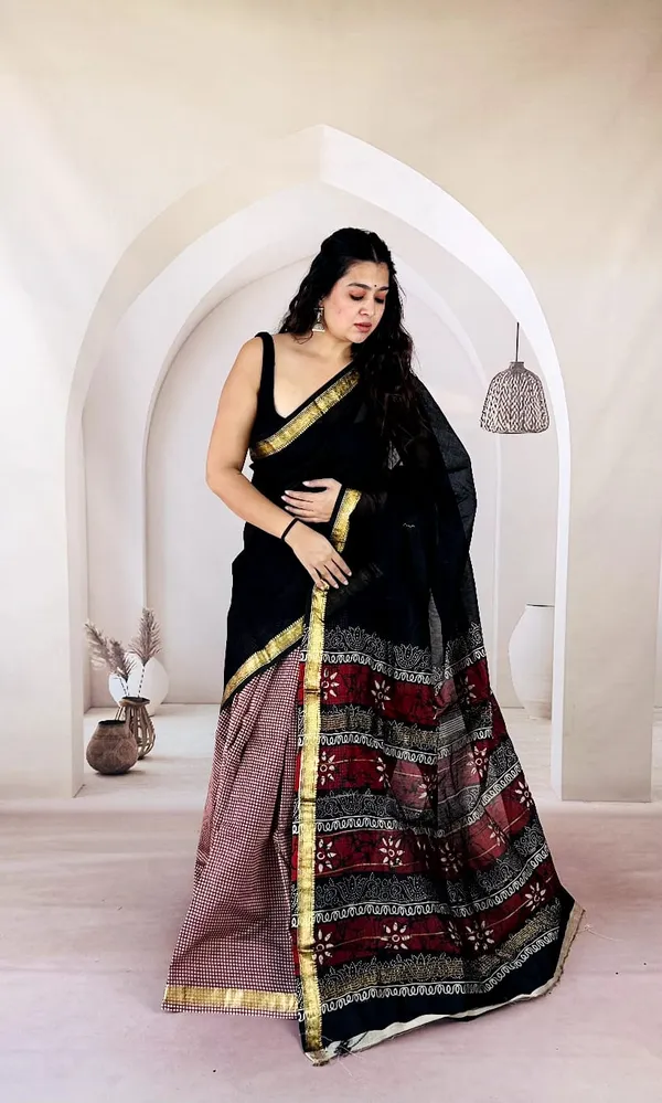 Artisan_Karigari_Black_Hand_Block_Printed_Maheshwari_Silk_Saree_1065