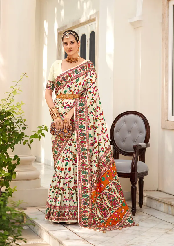 White_And_Orange_Tussar_Silk_Floral_Print_Printed_Self_Design_Saree_For_Women