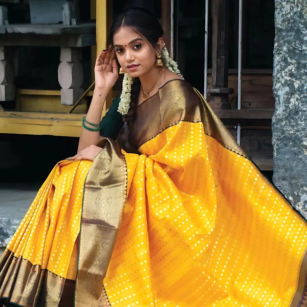 Yellow_And_Brown_Banarasi_Polka_Woven_Design_Saree_For_Women