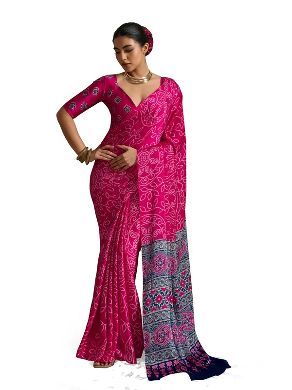 Pink_And_White_Art_Silk_Blocked_Printed_Tie-Dye_Geometric_Print_Saree_For_Women