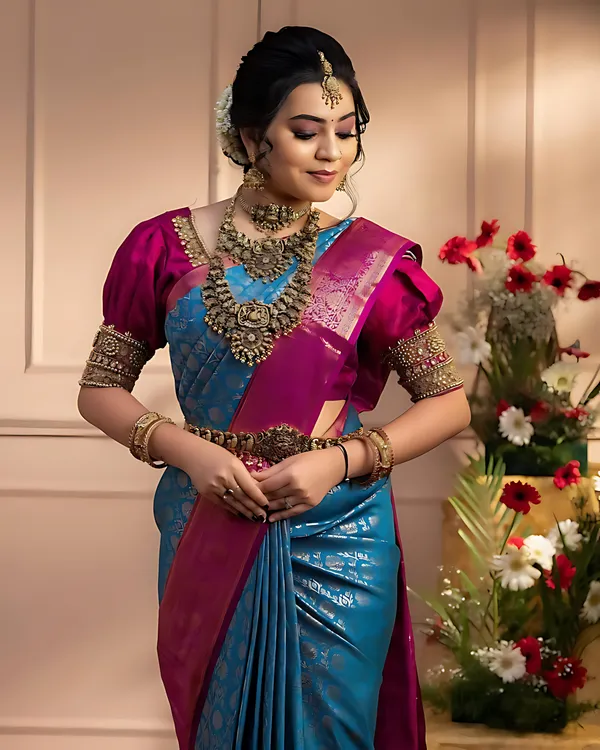 Blue_And_Pink_Kanjivaram_Floral_Traditional_Zari_Work_Saree_For_Women