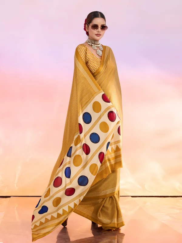 Yellow_And_Cream_Art_Silk_Striped_Geometric_Print_Temple_Border_Polka_Print_Saree_For_Women