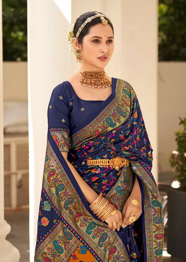 Blue_Tussar_Silk_Floral_Print_Printed_Self_Design_Saree_For_Women