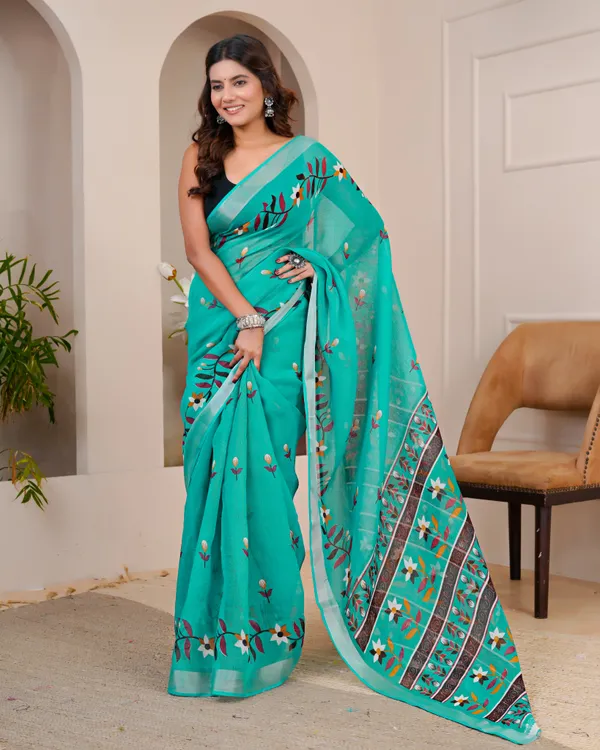 Women's_Linen_Silk_Floral_Embroidered_Saree_with_Silver_Zari_Border_(Sea_Green)