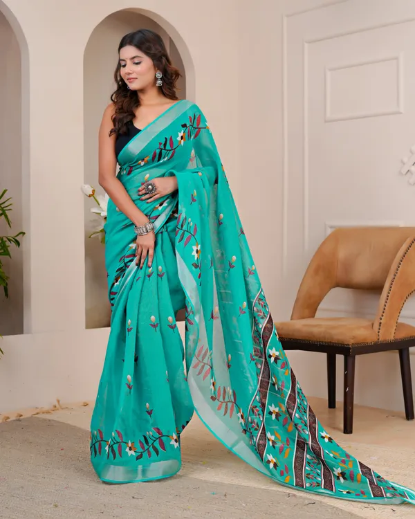 Women's_Linen_Silk_Floral_Embroidered_Saree_with_Silver_Zari_Border_(Sea_Green)