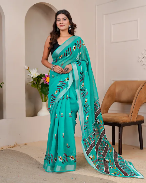 Women's_Linen_Silk_Floral_Embroidered_Saree_with_Silver_Zari_Border_(Sea_Green)
