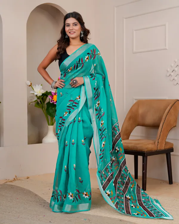 Women's_Linen_Silk_Floral_Embroidered_Saree_with_Silver_Zari_Border_(Sea_Green)