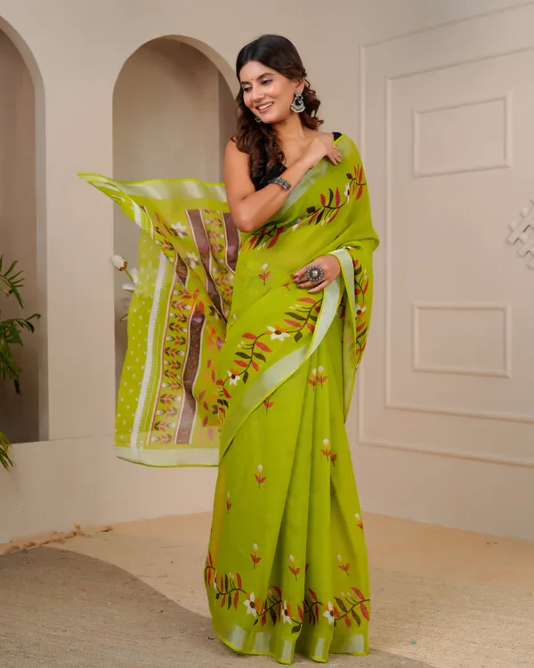 Women's_Linen_Silk_Floral_Embroidered_Saree_with_Silver_Zari_Border_(Mehendi_Green)