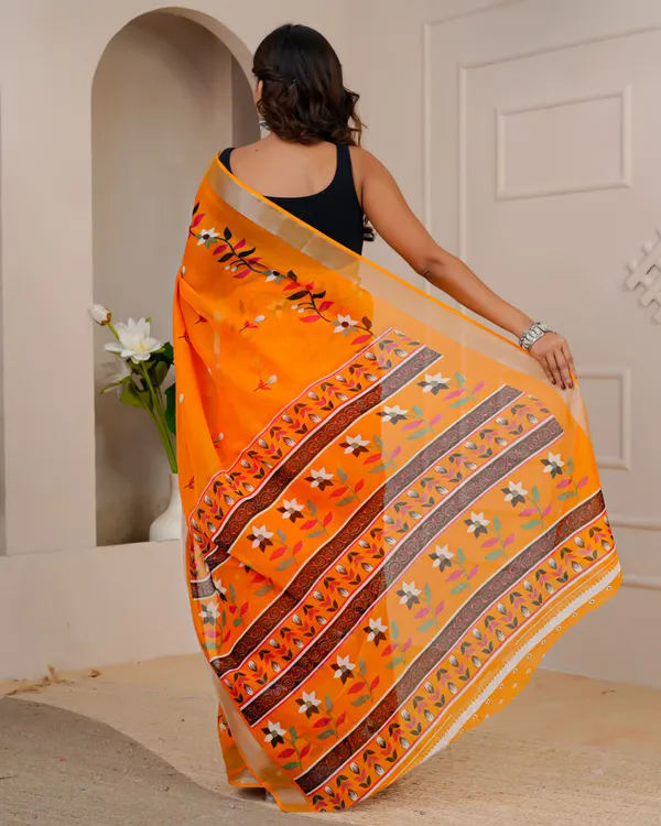 Women's_Linen_Silk_Floral_Embroidered_Saree_with_Silver_Zari_Border_(Orange)