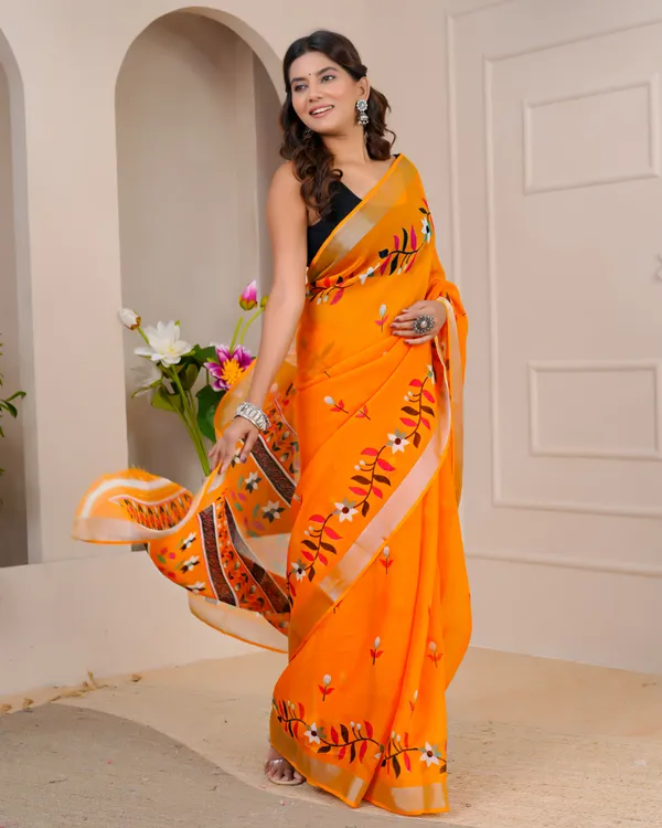 Women's_Linen_Silk_Floral_Embroidered_Saree_with_Silver_Zari_Border_(Orange)