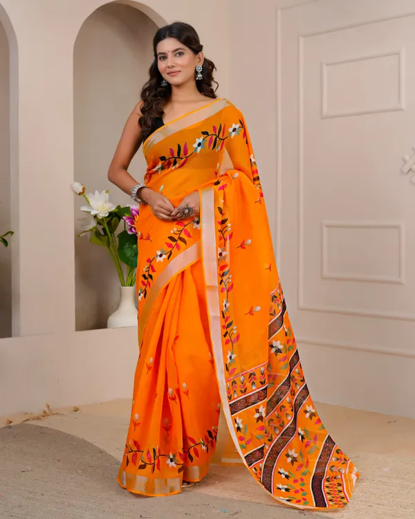 Women's_Linen_Silk_Floral_Embroidered_Saree_with_Silver_Zari_Border_(Orange)