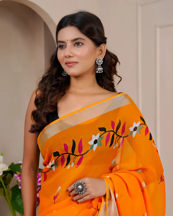Women's_Linen_Silk_Floral_Embroidered_Saree_with_Silver_Zari_Border_(Orange)