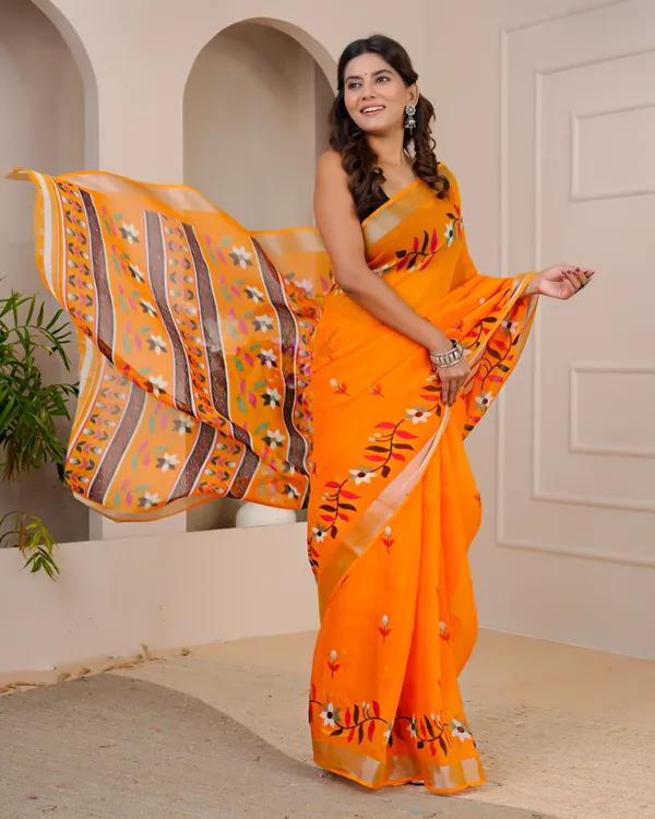 Women's_Linen_Silk_Floral_Embroidered_Saree_with_Silver_Zari_Border_(Orange)