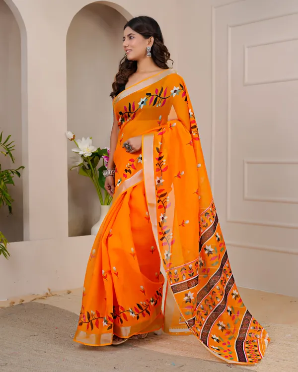 Women's_Linen_Silk_Floral_Embroidered_Saree_with_Silver_Zari_Border_(Orange)