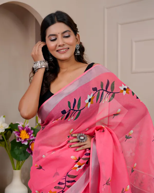 Women's_Linen_Silk_Floral_Embroidered_Saree_with_Silver_Zari_Border_(Peach)
